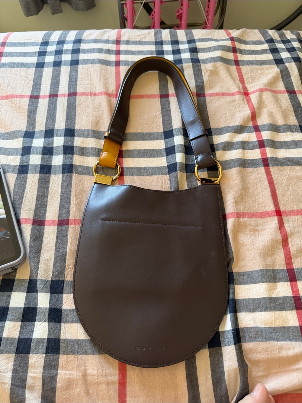 Marni Two-Tone Mustard and Dark Brown Leather Shoulder Bag with Gold Ring - Picture 2 of 5